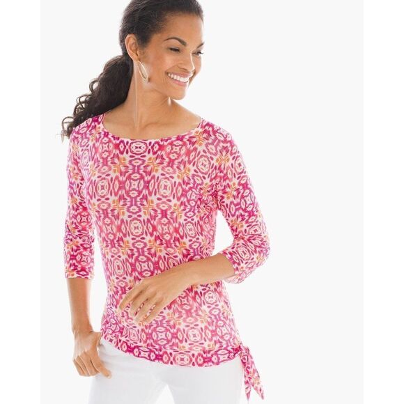 Chico's Rayon Blend Patterned Side Tie Pullover Blouse Pink Combo Size 0 Small - Picture 1 of 13